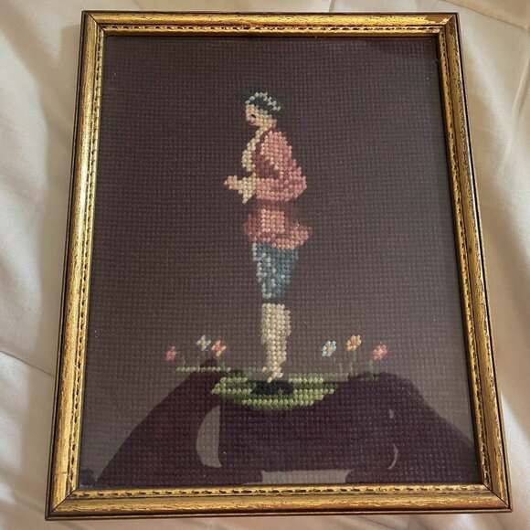 Needlepoint Colonial Figure Framed Art, Vintage - Picture 1 of 5